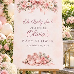 Custom Baby Shower Welcome Sign, Oh Baby Girl Pink Bow Sign, Ballet Shoes Baby Girl Shower Decor, Printable 24x36 Digital File image 1