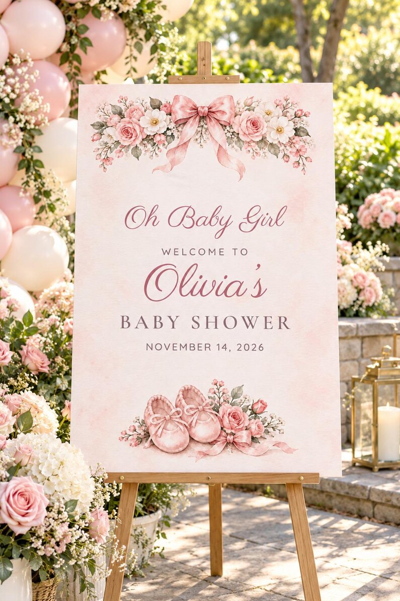 Custom Baby Shower Welcome Sign, Oh Baby Girl Pink Bow Sign, Ballet Shoes Baby Girl Shower Decor, Printable 24x36 Digital File image 1
