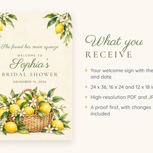 Custom Bridal Shower Welcome Sign, She Found Her Main Squeeze Lemon Sign, Lemon Basket Bridal Shower Decor, Printable 24x36 Digital File image 5