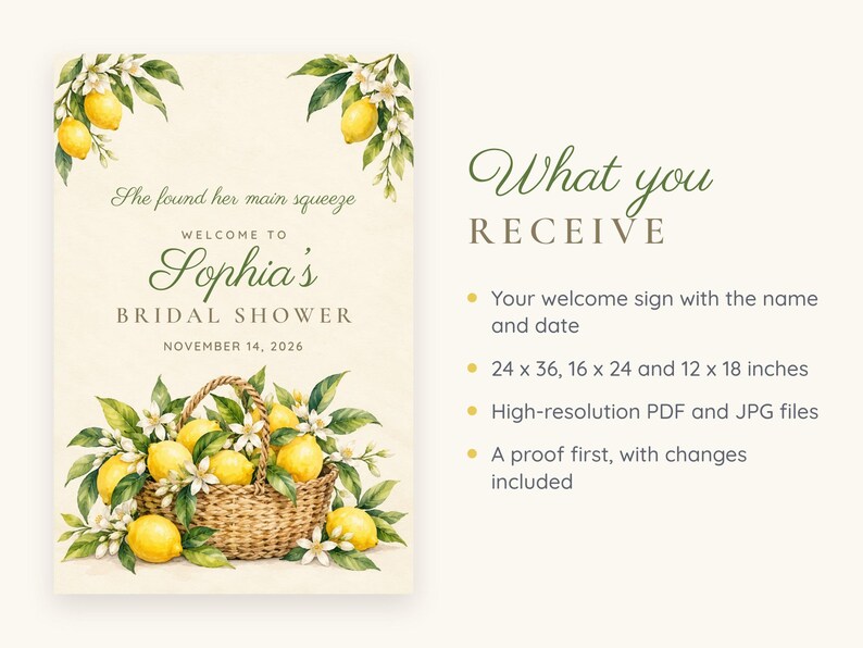 Custom Bridal Shower Welcome Sign, She Found Her Main Squeeze Lemon Sign, Lemon Basket Bridal Shower Decor, Printable 24x36 Digital File image 5