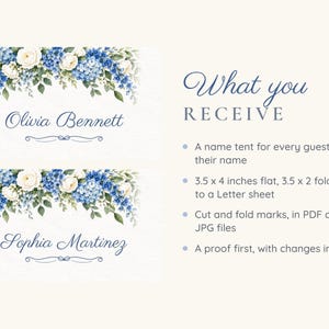 Bridal Shower Name Tents, Something Blue Floral Place Cards, Blue Hydrangea Luncheon Table Decor, Custom Printable Digital File image 5