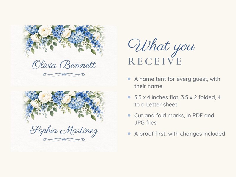 Bridal Shower Name Tents, Something Blue Floral Place Cards, Blue Hydrangea Luncheon Table Decor, Custom Printable Digital File image 5
