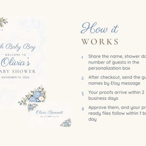 May include: A baby shower invitation and place card set featuring blue hydrangea and white rose floral illustrations. The text reads: Oh Baby Boy, WELCOME TO Olivia's BABY SHOWER, NOVEMBER 14, 2026, and Olivia Bennett. Instructions for ordering are listed.