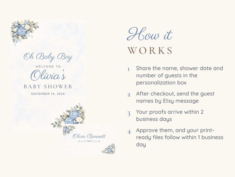 May include: A baby shower invitation and place card set featuring blue hydrangea and white rose floral illustrations. The text reads: Oh Baby Boy, WELCOME TO Olivia's BABY SHOWER, NOVEMBER 14, 2026, and Olivia Bennett. Instructions for ordering are listed.