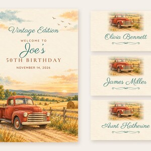 Birthday Welcome Sign and Name Tents Set, Vintage Edition, Vintage Truck Birthday Decor, Custom Printable Digital Files