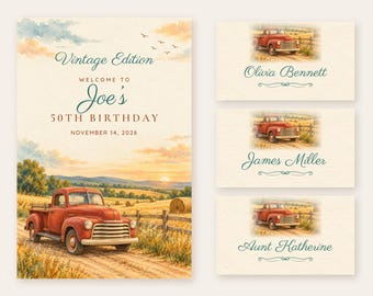 Birthday Welcome Sign and Name Tents Set, Vintage Edition, Vintage Truck Birthday Decor, Custom Printable Digital Files