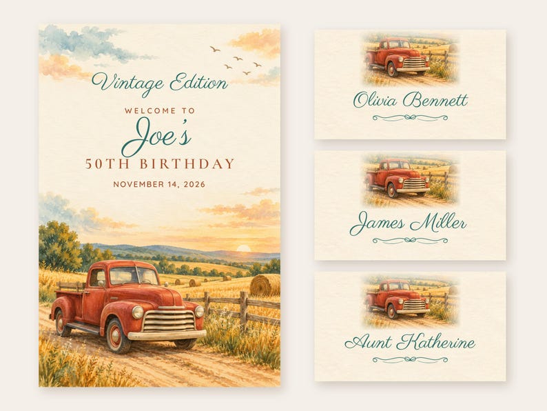 Birthday Welcome Sign and Name Tents Set, Vintage Edition, Vintage Truck Birthday Decor, Custom Printable Digital Files image 1