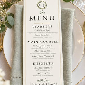 Custom Wedding Dinner Menu, Monogram Reception Menu Card, Wreath Place Setting Menu, Printable 4x9 Digital File image 1