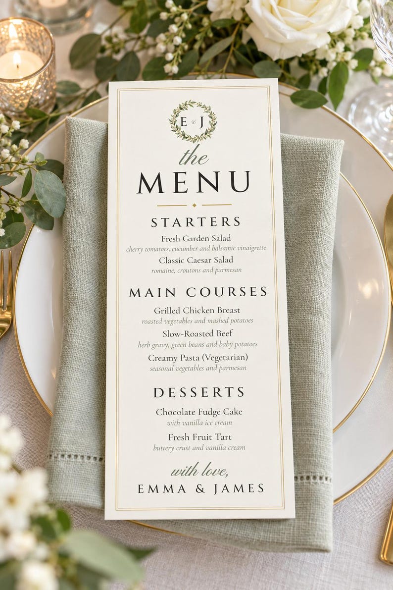 Custom Wedding Dinner Menu, Monogram Reception Menu Card, Wreath Place Setting Menu, Printable 4x9 Digital File image 1