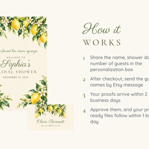 May include: A bridal shower sign and place card set featuring watercolor lemon and white blossom illustrations on a cream background. The text reads She found her main squeeze, Welcome to Sophia's BRIDAL SHOWER, NOVEMBER 14, 2026, and Olivia Bennett.