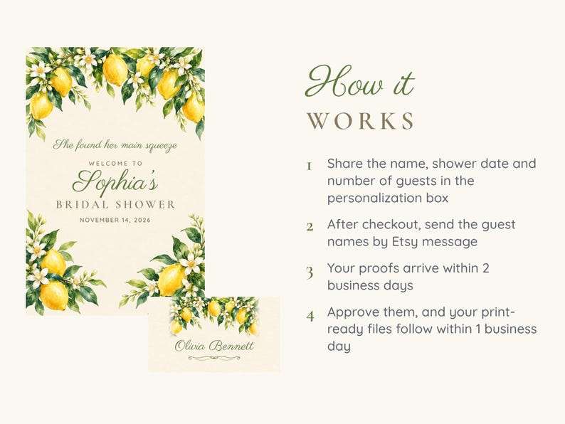 May include: A bridal shower sign and place card set featuring watercolor lemon and white blossom illustrations on a cream background. The text reads She found her main squeeze, Welcome to Sophia's BRIDAL SHOWER, NOVEMBER 14, 2026, and Olivia Bennett.