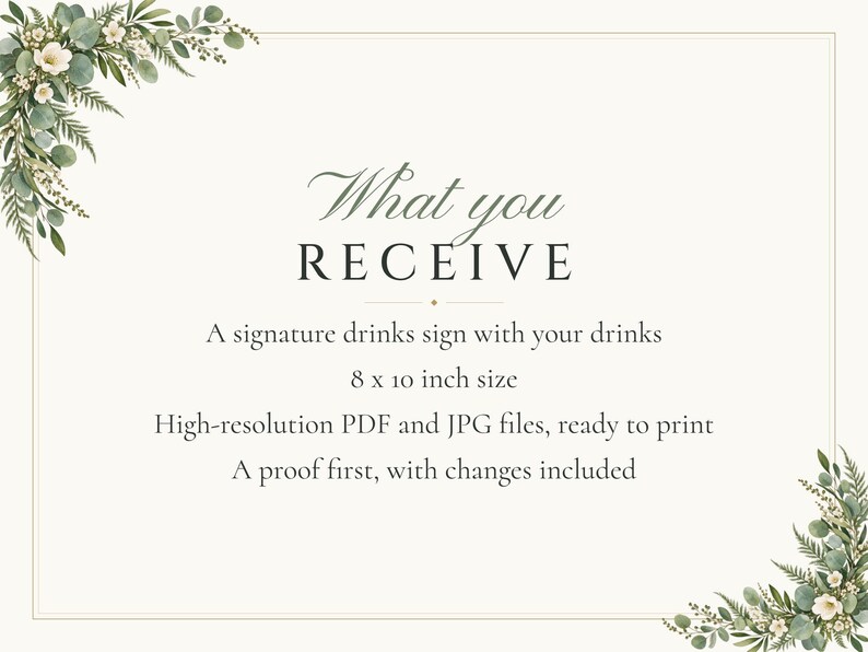 Custom Signature Drinks Sign, Greenery Wedding Bar Sign, Eucalyptus Cocktail Menu, Printable 8x10 Digital File image 5