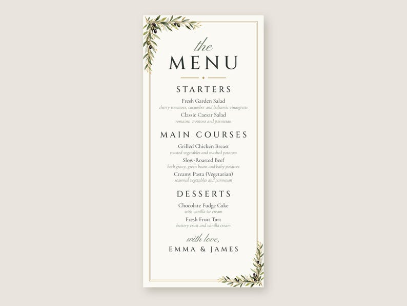 Menú personalizado para cena de boda, tarjeta de menú para recepción con diseño de rama de olivo, menú con diseño de hoja de olivo para cada comensal, archivo digital imprimible de 4x9 pulgadas. imagen 2