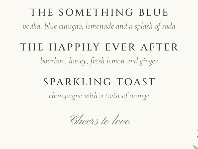 Custom Signature Drinks Sign, Olive Branch Wedding Bar Sign, Olive Leaf Cocktail Menu, Printable 8x10 Digital File image 3