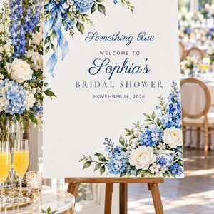 Custom Bridal Shower Welcome Sign, Something Blue Floral Sign, Blue Ribbon Bridal Shower Decor, Printable 24x36 Digital File image 1