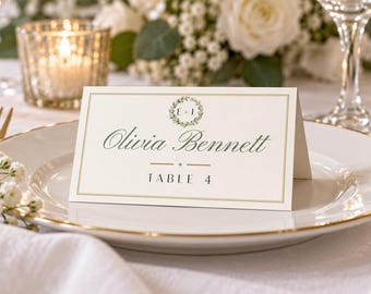 Custom Wedding Name Tents, Monogram Place Cards with Table Numbers, Wreath Escort Cards, Printable Digital File