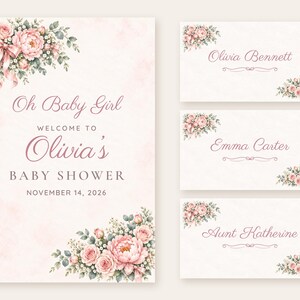 Baby Shower Welcome Sign and Name Tents Set, Oh Baby Girl Pink Bow, Floral Corner Shower Decor, Custom Printable Digital Files image 1