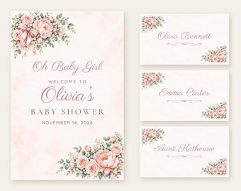 May include: A baby shower invitation and three place cards featuring watercolor pink peonies, green foliage, and a pink ribbon. The text reads: Oh Baby Girl WELCOME TO Olivia's BABY SHOWER NOVEMBER 14, 2026, Olivia Bennett, Emma Carter, and Aunt Katherine.