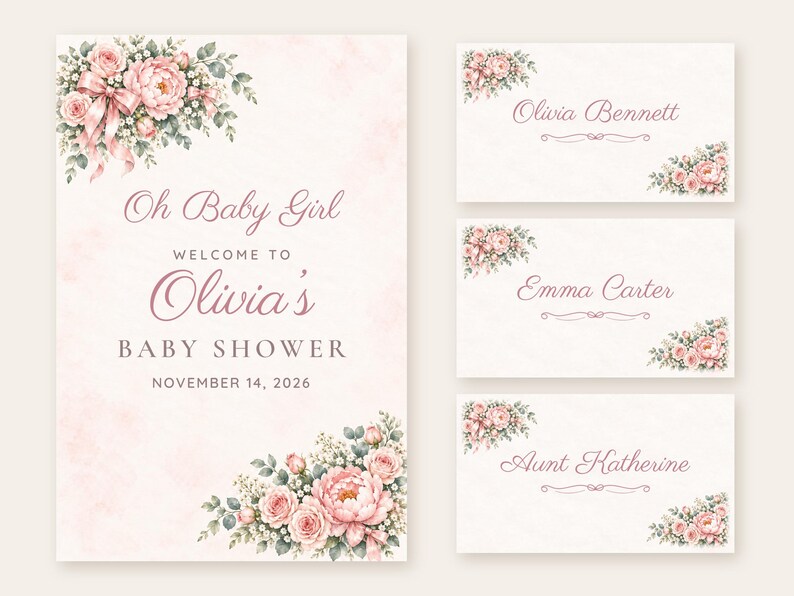 Baby Shower Welcome Sign and Name Tents Set, Oh Baby Girl Pink Bow, Floral Corner Shower Decor, Custom Printable Digital Files image 1