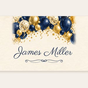 Tarjetas de mesa con nombres para cumpleaños, tarjetas de lugar con arco de globos azul marino y dorado, decoración de mesa para cena de cumpleaños con el tema "¡Salud!", archivo digital imprimible personalizado. imagen 2