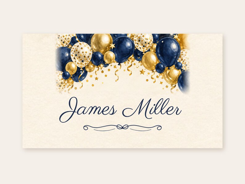 Tarjetas de mesa con nombres para cumpleaños, tarjetas de lugar con arco de globos azul marino y dorado, decoración de mesa para cena de cumpleaños con el tema "¡Salud!", archivo digital imprimible personalizado. imagen 2