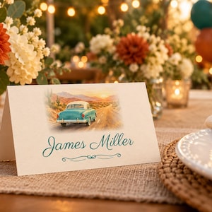 Birthday Name Tents, Retro Car Place Cards, Vintage Birthday Dinner Table Decor, Custom Printable Digital File image 1