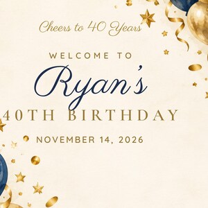 Letrero de bienvenida de cumpleaños personalizado, Letrero ¡Brindemos por 40 años!, Decoración de cumpleaños con globos azul marino y dorados, Archivo digital imprimible de 24x36 imagen 3