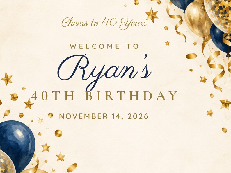 Letrero de bienvenida de cumpleaños personalizado, Letrero ¡Brindemos por 40 años!, Decoración de cumpleaños con globos azul marino y dorados, Archivo digital imprimible de 24x36 imagen 3