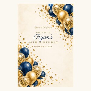 Letrero de bienvenida de cumpleaños personalizado, Letrero ¡Brindemos por 40 años!, Decoración de cumpleaños con globos azul marino y dorados, Archivo digital imprimible de 24x36 imagen 2