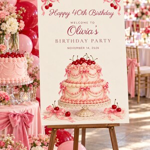 Custom Birthday Welcome Sign, Happy 40th Birthday Sign, Pink Vintage Cake Birthday Decor, Printable 24x36 Digital File image 1