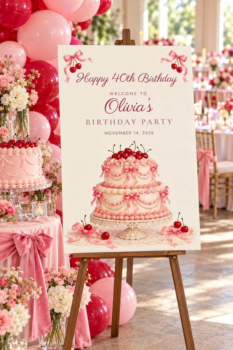 Custom Birthday Welcome Sign, Happy 40th Birthday Sign, Pink Vintage Cake Birthday Decor, Printable 24x36 Digital File image 1