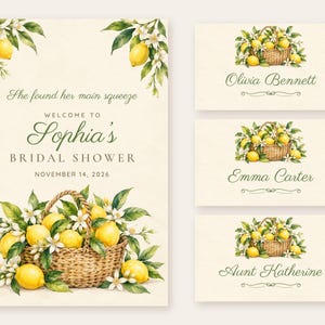 Bridal Shower Welcome Sign and Name Tents Set, She Found Her Main Squeeze, Lemon Basket Bridal Shower Decor, Custom Printable Digital Files