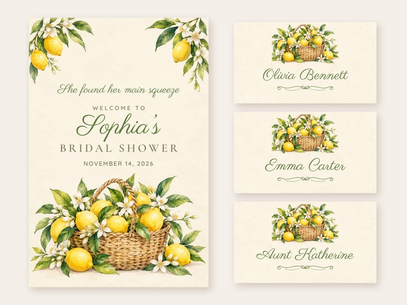 May include: A bridal shower invitation and three place cards featuring watercolor illustrations of yellow lemons, green leaves, and white blossoms in a woven basket. The text reads: She found her main squeeze, WELCOME TO Sophia's BRIDAL SHOWER, NOVEMBER 14, 2026, Olivia Bennett, Emma Carter, and Aunt Katherine.