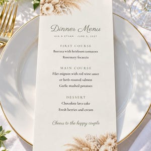 Custom Engagement Party Menu, We're Engaged Menu Card, Pampas Place Setting Menu, Printable 4x9 Digital File