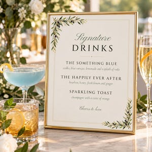 Custom Signature Drinks Sign, Olive Branch Wedding Bar Sign, Olive Leaf Cocktail Menu, Printable 8x10 Digital File