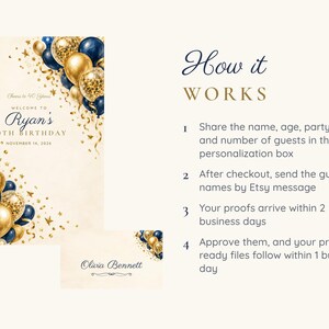 Birthday Welcome Sign and Name Tents Set, Cheers to 40 Years, Navy and Gold Balloons Birthday Decor, Custom Printable Digital Files image 4