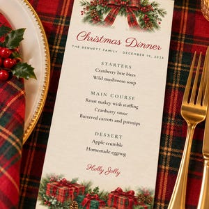 Custom Christmas Dinner Menu, Holly Jolly Tartan Menu Card, Tartan Wreath and Gifts Place Setting Menu, Printable 4x9 Digital File