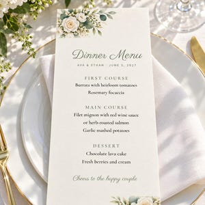 Custom Engagement Party Menu, We're Engaged Menu Card, White Rose Place Setting Menu, Printable 4x9 Digital File