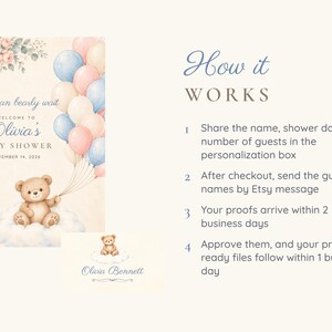 May include: A baby shower invitation template featuring a watercolor teddy bear on a cloud holding a bunch of pastel balloons, floral accents, and the text "We can bearly wait," "Welcome to Olivia's Baby Shower," and "November 14, 2026," with instructions.