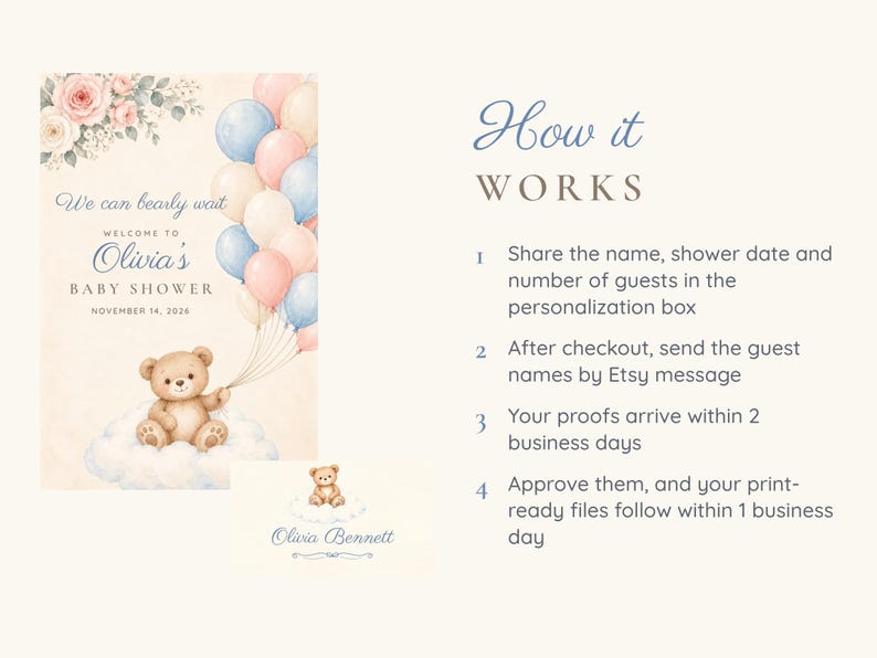 May include: A baby shower invitation template featuring a watercolor teddy bear on a cloud holding a bunch of pastel balloons, floral accents, and the text "We can bearly wait," "Welcome to Olivia's Baby Shower," and "November 14, 2026," with instructions.