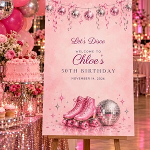 Custom Birthday Welcome Sign, Let's Disco Sign, Disco and Roller Skates Birthday Decor, Printable 24x36 Digital File image 1