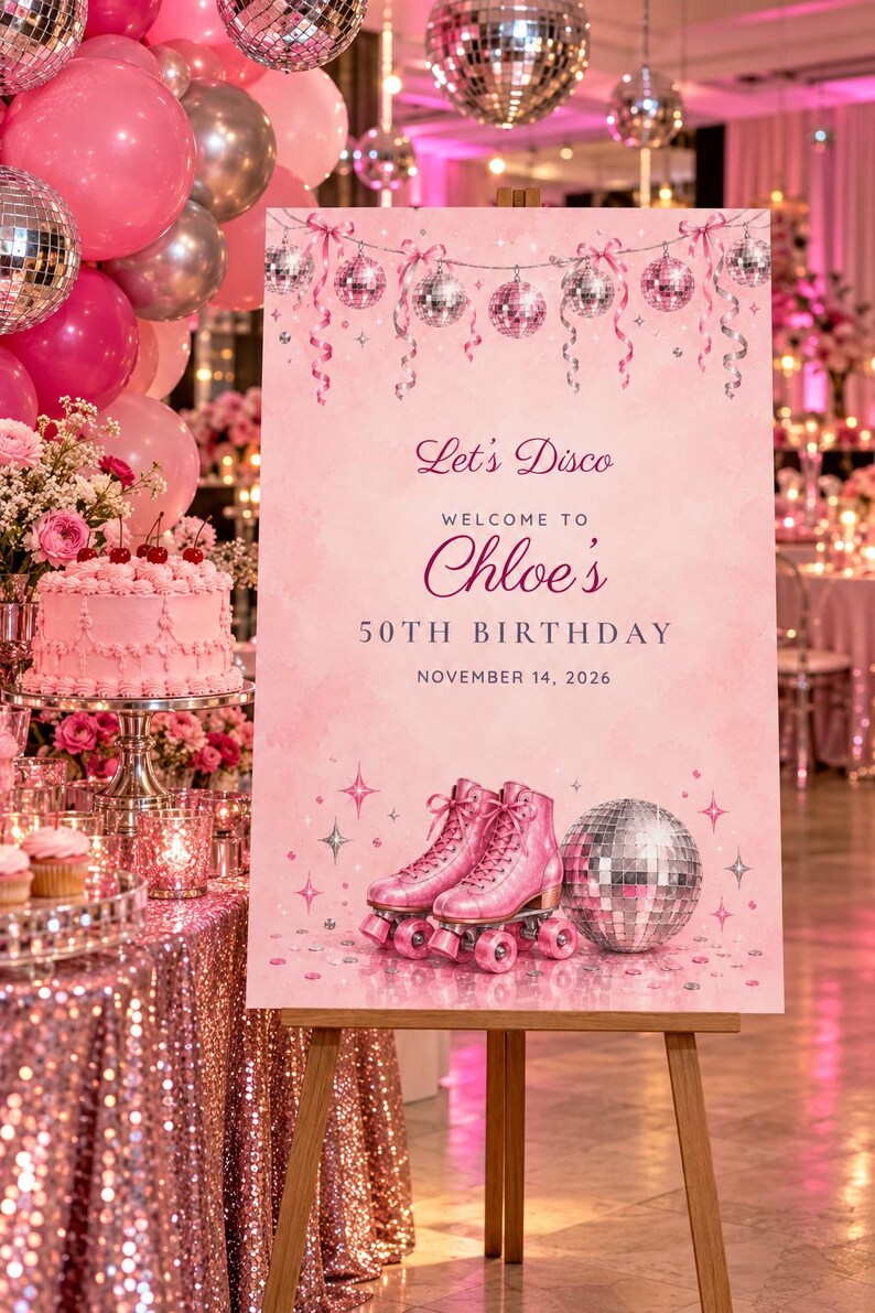 Custom Birthday Welcome Sign, Let's Disco Sign, Disco and Roller Skates Birthday Decor, Printable 24x36 Digital File image 1