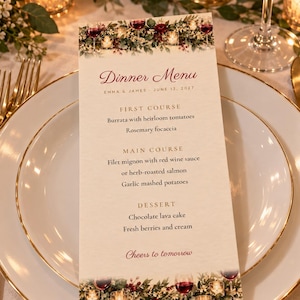Custom Rehearsal Dinner Menu, The Night Before Menu Card, Red Wine and Candlelight Place Setting Menu, Printable 4x9 Digital File