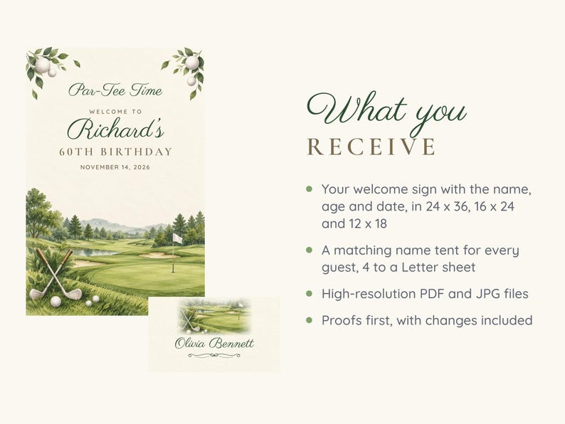 Birthday Welcome Sign and Name Tents Set, Par-Tee Time, Golf Birthday Decor, Custom Printable Digital Files image 5