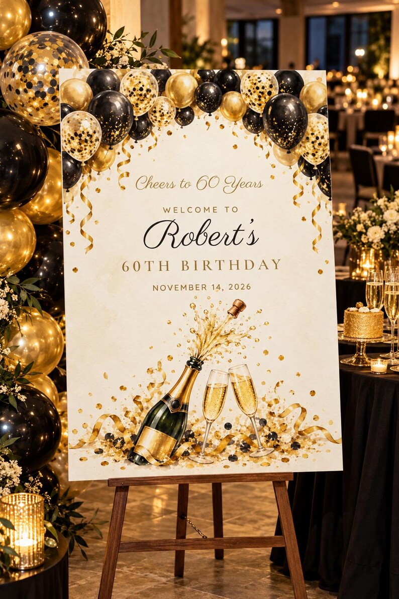 Letrero de bienvenida de cumpleaños personalizado, Letrero ¡Brindemos por 60 años!, Arco de globos negro y dorado para decoración de cumpleaños, Archivo digital imprimible de 24x36 imagen 1