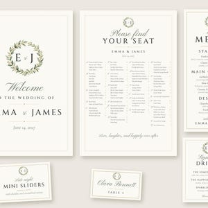 Custom Wedding Sign Bundle, Monogram Welcome Sign, Seating Chart, Name Tents, Menu and Bar Sign, Printable Digital Files image 1