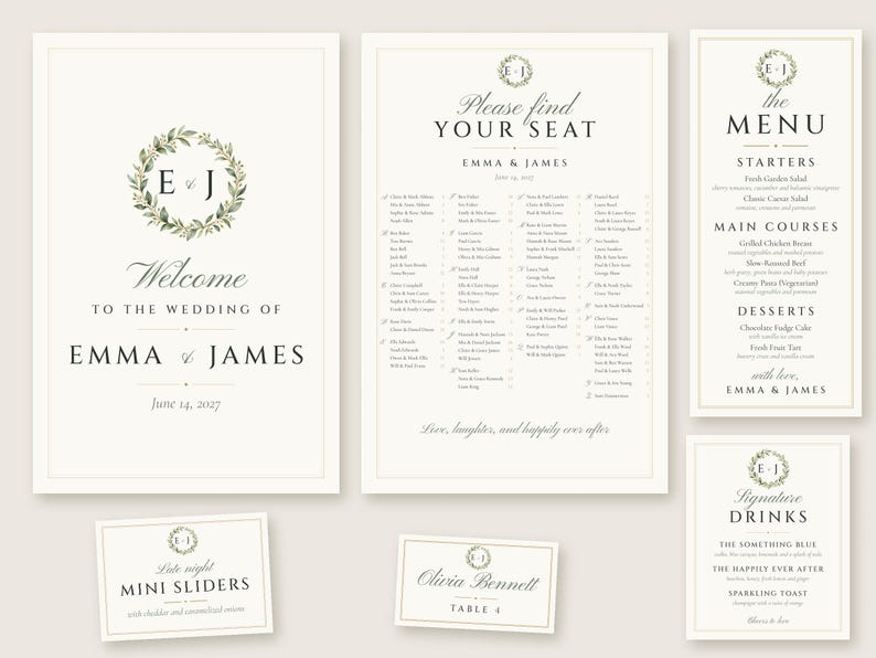 Custom Wedding Sign Bundle, Monogram Welcome Sign, Seating Chart, Name Tents, Menu and Bar Sign, Printable Digital Files image 1