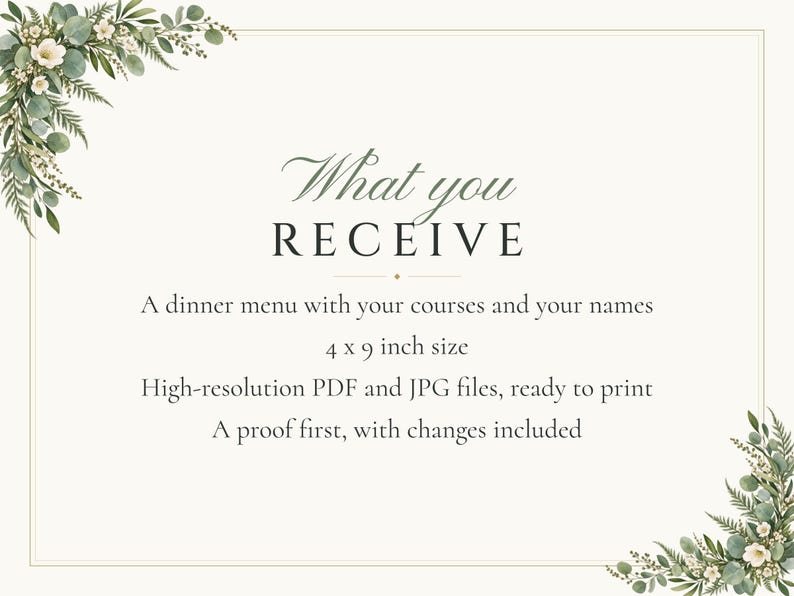 Custom Wedding Dinner Menu, Greenery Reception Menu Card, Eucalyptus Place Setting Menu, Printable 4x9 Digital File image 5