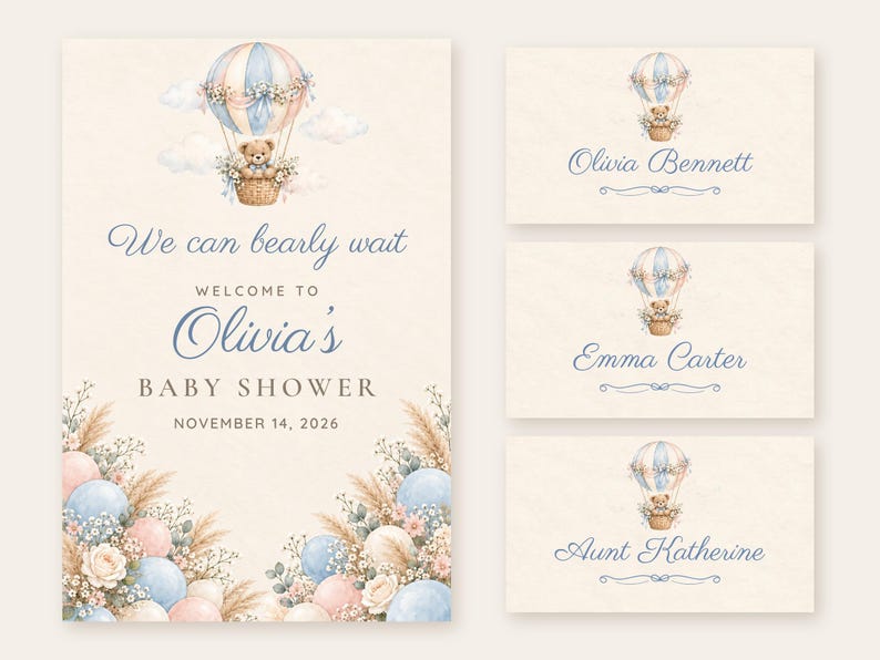 Puede incluir: Una invitaci&oacute;n de baby shower y tres tarjetas de lugar con un osito de peluche en acuarela en un globo aerost&aacute;tico azul y melocot&oacute;n, flores, globos y el texto We can bearly wait, Welcome to Olivia's Baby Shower, November 14, 2026.