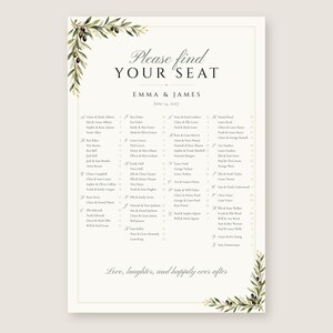 Custom Seating Chart Sign, Alphabetical Wedding Seating Chart, Olive Branch Find Your Seat Sign, Printable 24x36 Digital File image 2